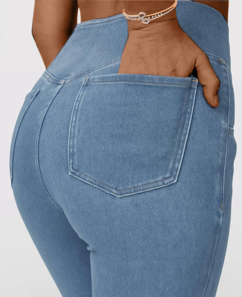 Calça Jeans de Cintura Alta Cruzada (Barriga Chapada)