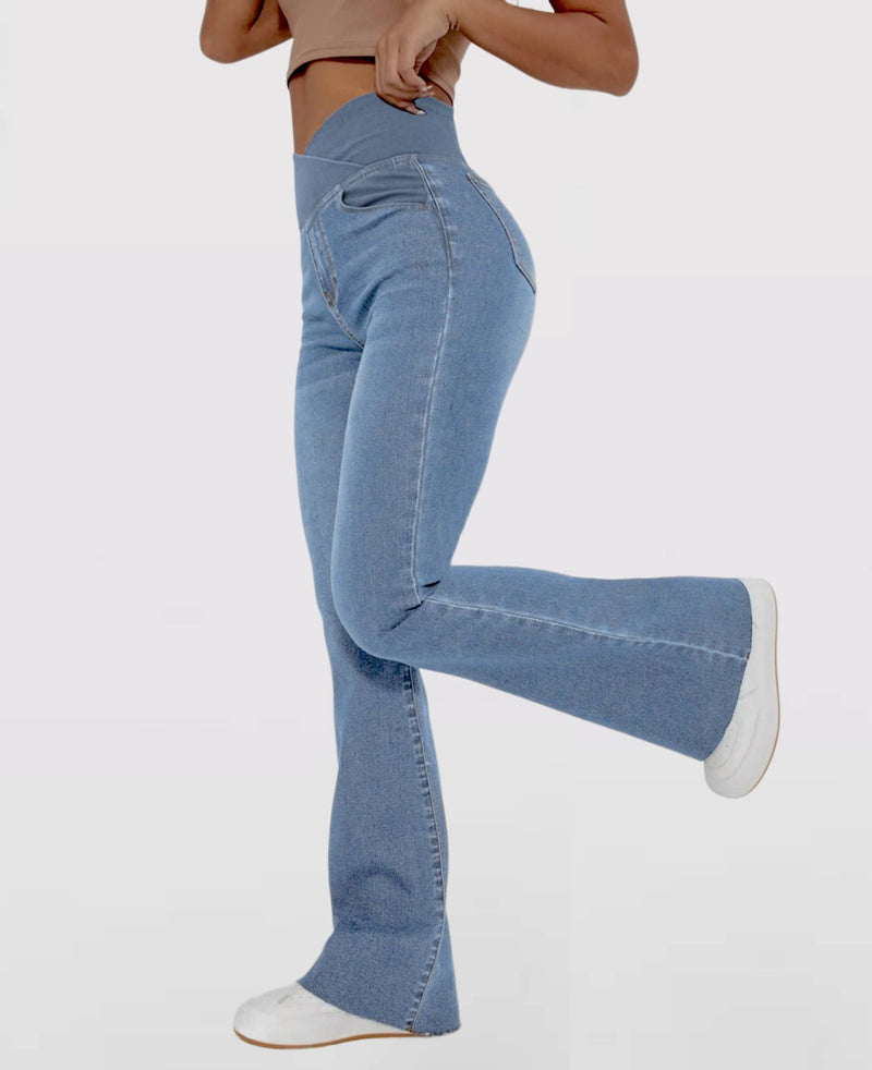 Calça Jeans de Cintura Alta Cruzada (Barriga Chapada)